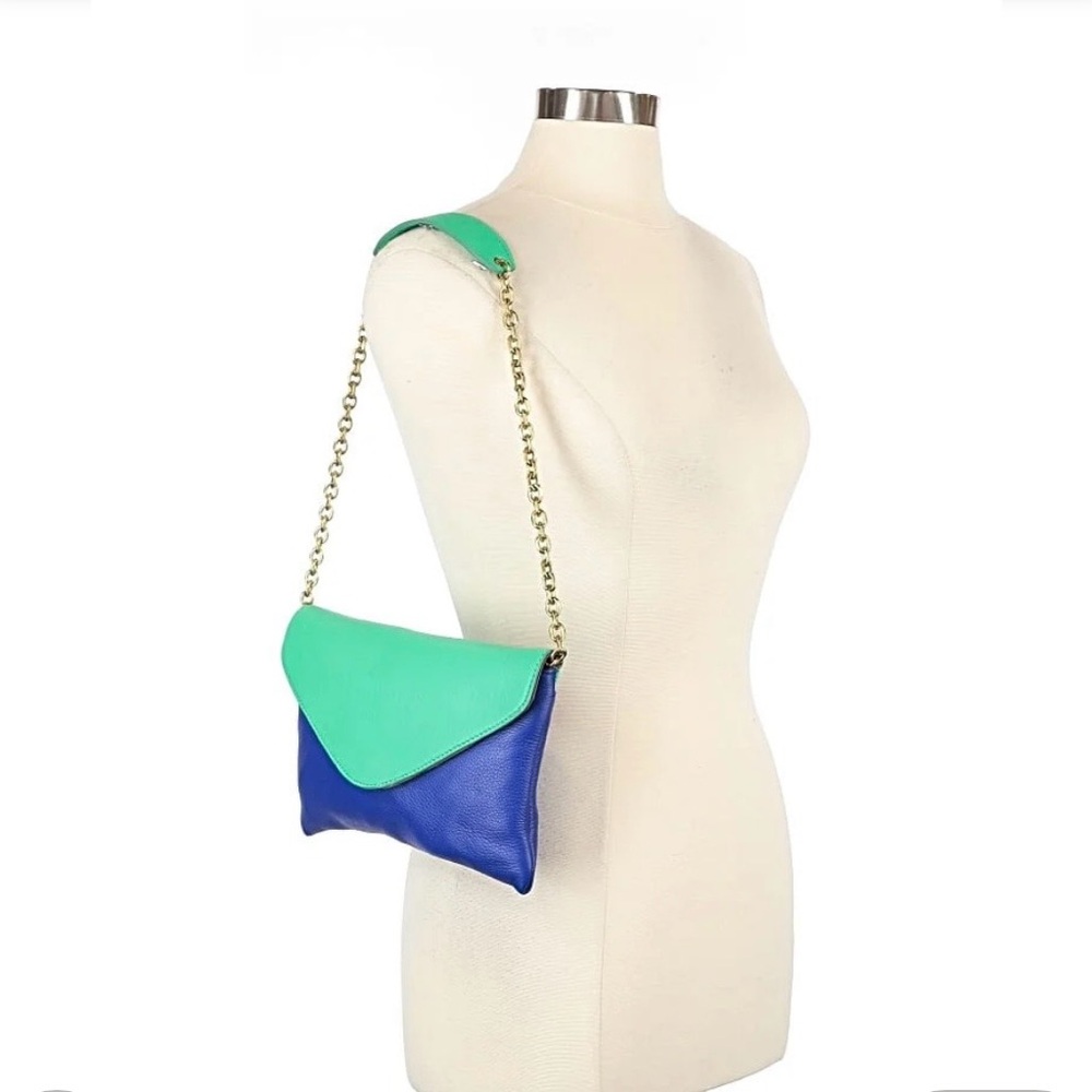 J. Crew leather bag- 10x6 Green and Blue Leather Chain Shoulder Bag - Picture 3 of 8